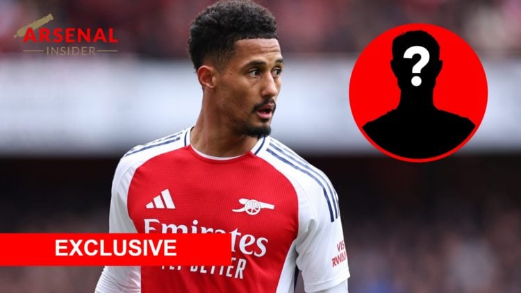 An image featuring William Saliba looking on alongside an exclusive logo and a mystery player inset
