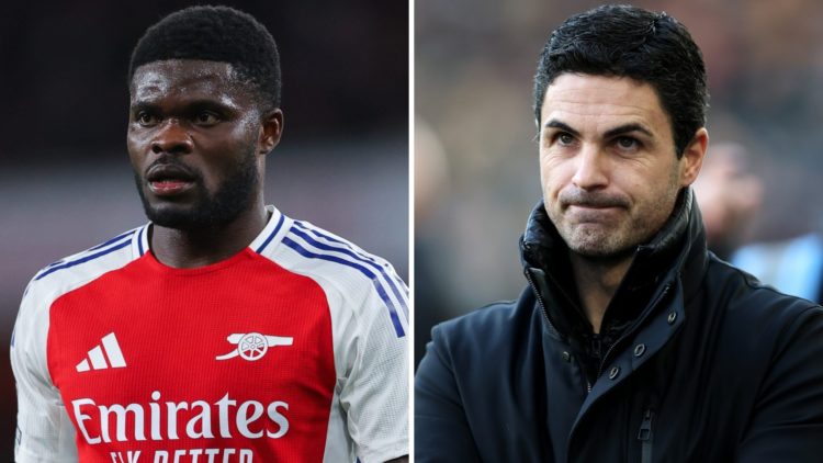 Thomas Partey of Arsenal during the Premier League match between Arsenal FC and Crystal Palace FC at Emirates Stadium (L), Mikel Arteta, Manager of...