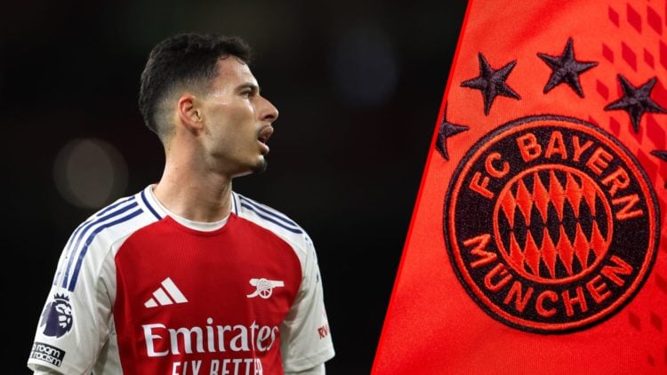 Split image of (L) Gabriel Martinelli during the Premier League match between Arsenal and Liverpool, and (R) A detailed view of the badge of FC Bay...