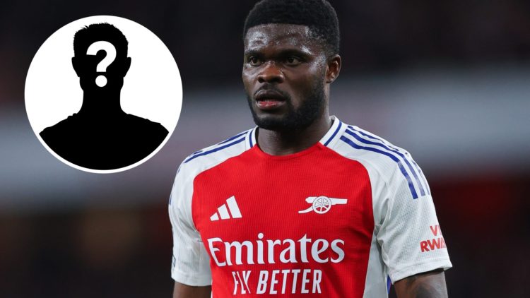Thomas Partey of Arsenal during the Premier League match between Arsenal FC and Crystal Palace FC at Emirates Stadium, with mystery player inset.