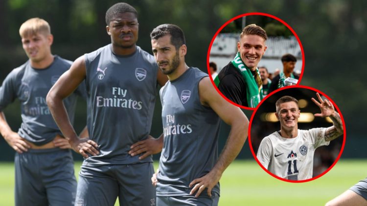 Chuba Akpom, Henrikh Mkhitaryan and Matteo Guendouzi of Arsenal during a training session at London Colney, inset, Viktor Gyokeres at the end of th...