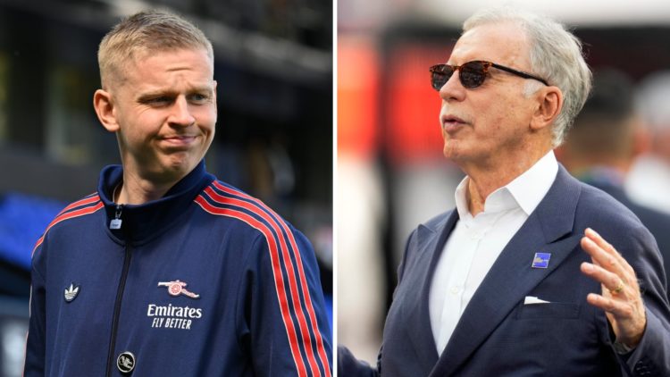 A split image featuring Oleksandr Zinchenko looking on before an Arsenal game alongside Stan Kroenke gesturing