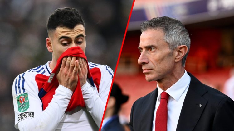 Split image of (L) Gabriel Martinelli of Arsenal reacts during the Carabao Cup Semi Final Second Leg match between Newcastle United and Arsenal and...