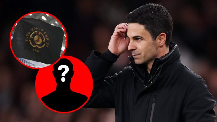Mikel Arteta during the Premier League match between Arsenal and Crystal Palace, inset, A detailed view of a FIFA Club World Cup 2025 logo on a cor...