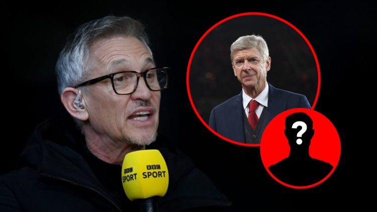 BBC Pundit, Gary Lineker presents Match of the Day at The King Power Stadium, inset, Arsene Wenger looks on during an Arsenal match, mystery icon.