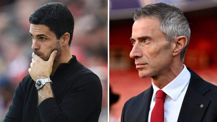 A split image featuring Mikel Arteta and Andrea Berta of Arsenal
