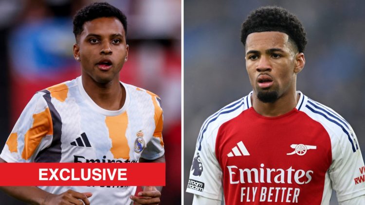 Rodrygo of Real Madrid is in action during the Final Copa del Rey match between Real Madrid and FC Barcelona (L), Ethan Nwaneri of Arsenal during t...