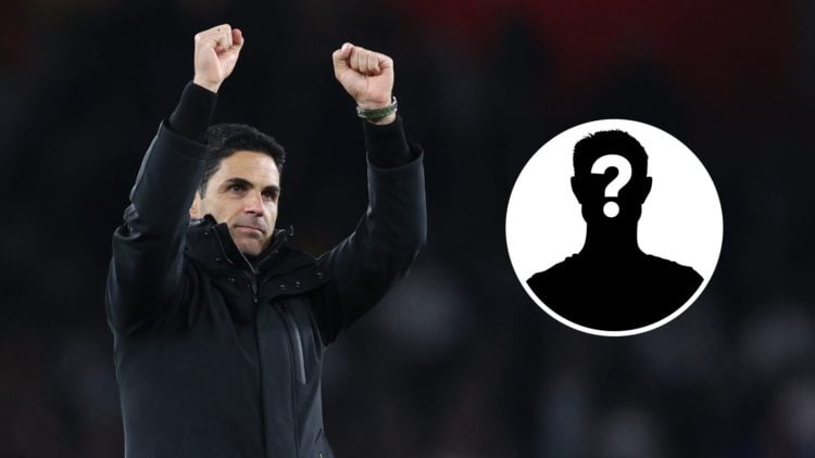 Image of Arsenal manager Mikel Arteta celebrating after a win with an inset of a mystery player