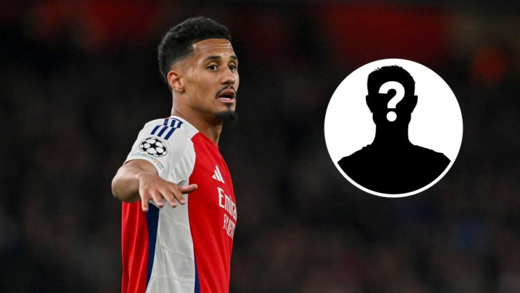 Image of William Saliba in action for Arsenal against real Madrid in the Champions League with an inset of a mystery player