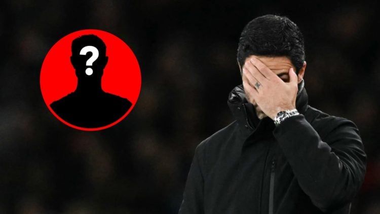 Mikel Arteta reacts during PSV vs Arsenal alongside a mystery player inset