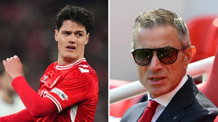 A split image of Christian Norgaard looking on during a Denmark game alongside Andrea Berta