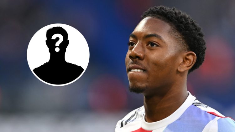 Image of Myles Lewis-Skelly looking on before an Arsenal game with an inset of a mystery figure