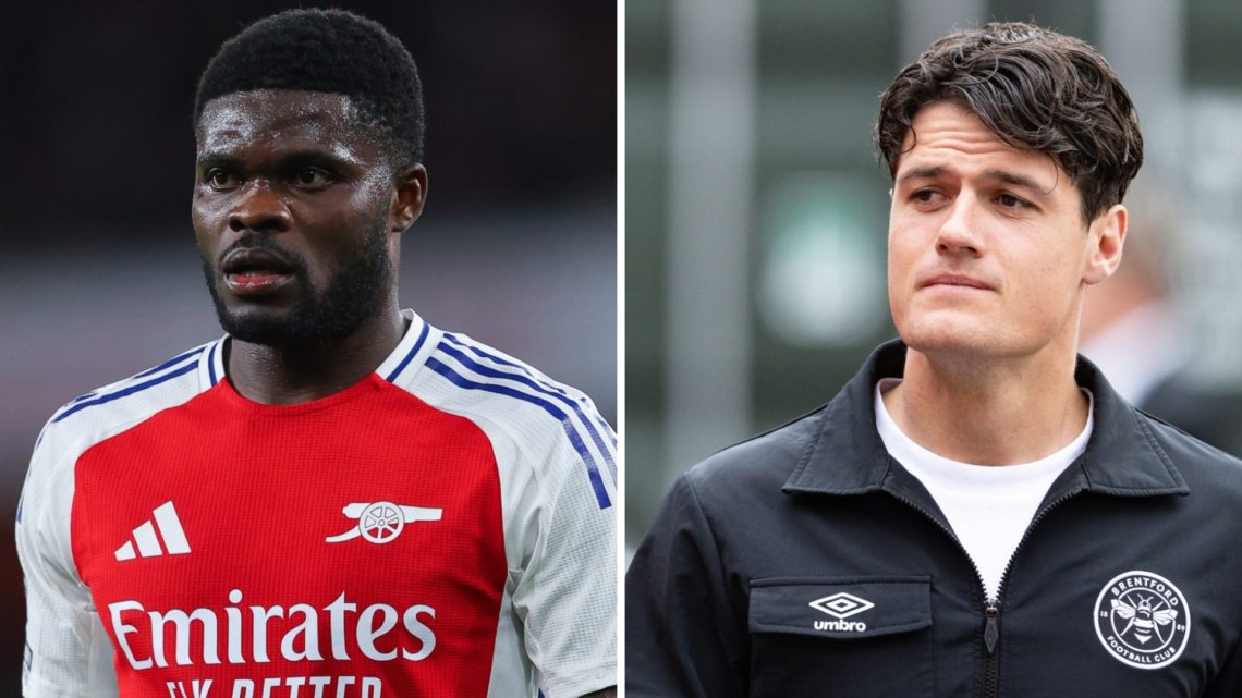 Thomas Partey of Arsenal during the Premier League match between Arsenal FC and Crystal Palace FC at Emirates Stadium (L), Brentford's Christian No...