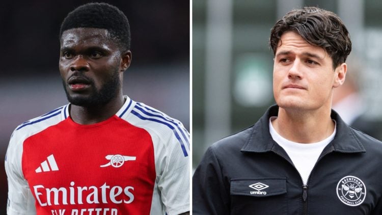 Thomas Partey of Arsenal during the Premier League match between Arsenal FC and Crystal Palace FC at Emirates Stadium (L), Brentford's Christian No...