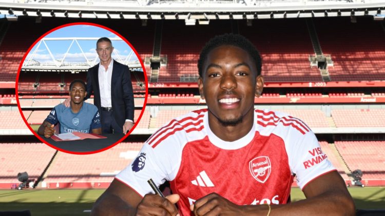 Myles Lewis-Skelly signs a new long-term contract for Arsenal, inset, Myles Lewis-Skelly with Sporting Director Andrea Berta as he signs a new cont...