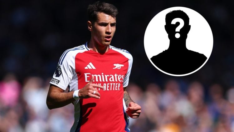 Jakub Kiwior looks on during an Arsenal match, with mystery player inset.
