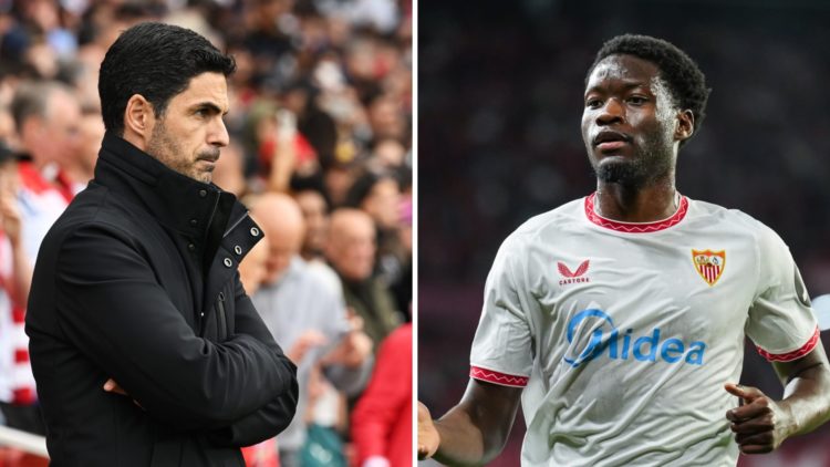 Split image of (L) Mikel Arteta looking on during an Arsenal game at the Emirates and (R) Arsenal target Lucien Agoume in action for Sevilla in Spain
