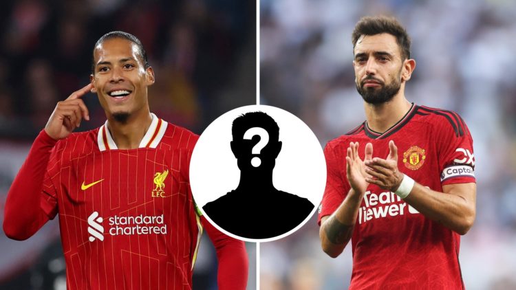Split image of (L) Virgil van Dijk reacting during a Liverpool game and (R) Bruno Fernandes applauding the fans after a Manchester United game, wit...