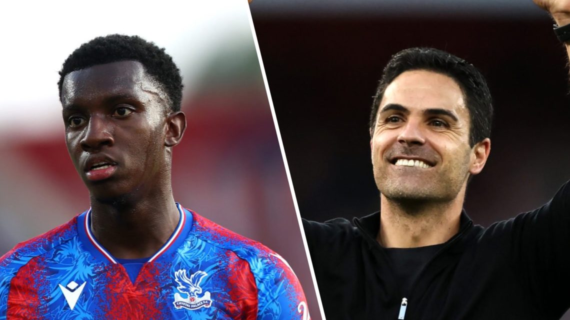 Split image of (L) Eddie Nketiah looking upset during a Crystal Palace game and (R) Mikel Arteta celebrating after an Arsenal win