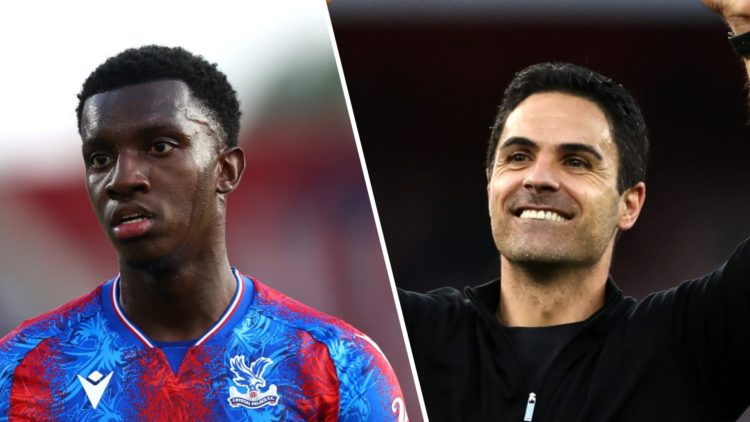 Split image of (L) Eddie Nketiah looking upset during a Crystal Palace game and (R) Mikel Arteta celebrating after an Arsenal win