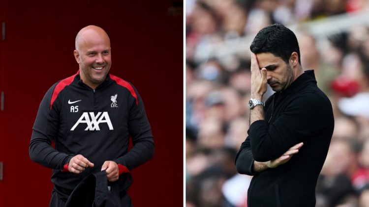 Split image of (L) Arne Slot smiling during a Liverpool training session and (R) Mikel Arteta looking dejected during an Arsenal game