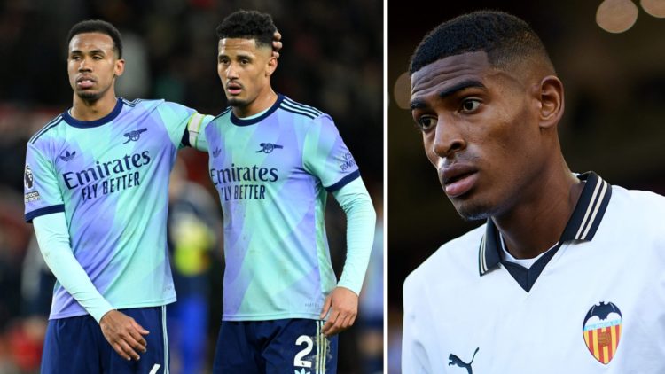 Gabriel and William Saliba of Arsenal console each other after the draw in the Premier League match between Nottingham Forest FC and Arsenal FC (L)...