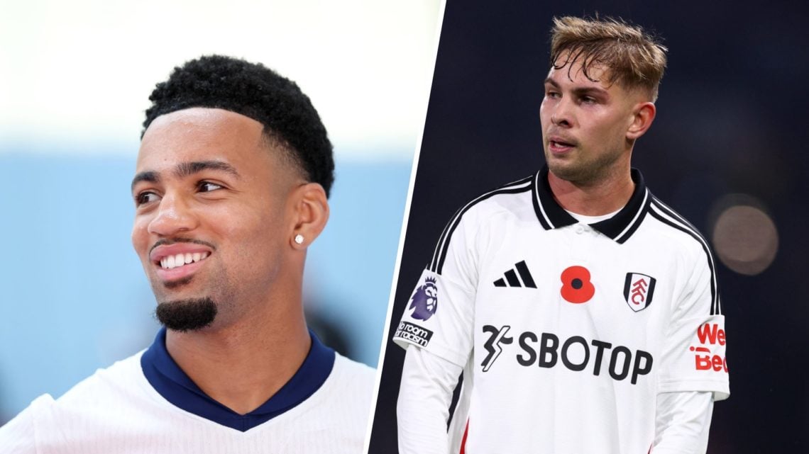 A split image featuring Ethan Nwaneri smiling alongside Emile Smith Rowe for Fulham