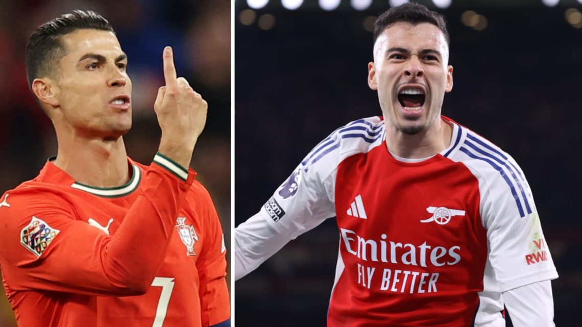 A split image of Cristiano Ronaldo celebrating alongside Arsenal star Gabriel Martinelli