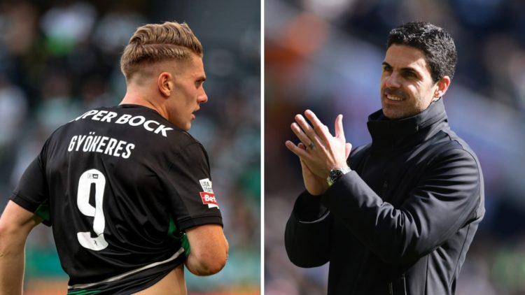 A split image featuring Viktor Gyokeres of Sporting CP alongside Arsenal manager Mikel Arteta