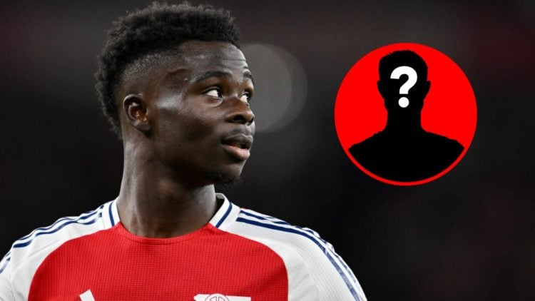 Bukayo Saka during the UEFA Champions League 2024/25 Semi Final match between Arsenal and Paris Saint-Germain, inset, mystery icon.