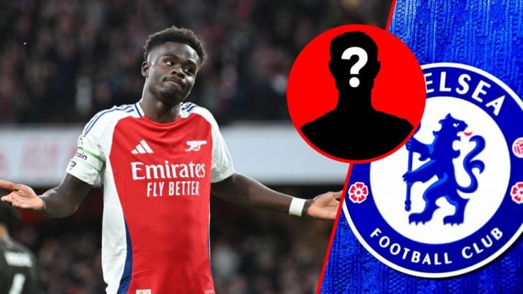 Split image of (L) Bukayo Saka during the Premier League match between Arsenal and Liverpool and (R) Detail of a Chelsea emblem against the home bl...