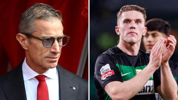 A split image of Andrea Berta looking on before an Arsenal game alongside Viktor Gyokeres applauding at the end of a Sporting CP match