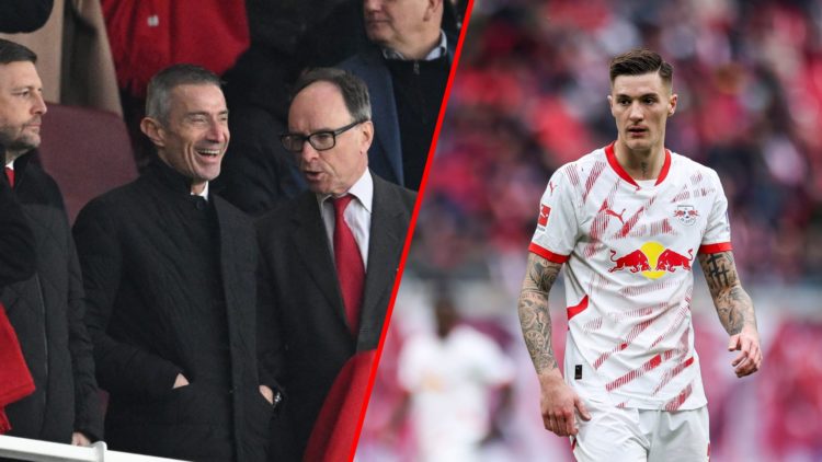 Split image of (L) Andrea Berta prior to the Premier League match between Arsenal and Fulham and (R) Benjamin Sesko during the Bundesliga match bet...