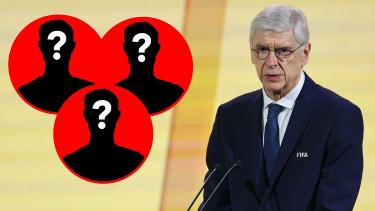 Arsene Wenger speaks during a FIFA congress alongside a mystery player inset
