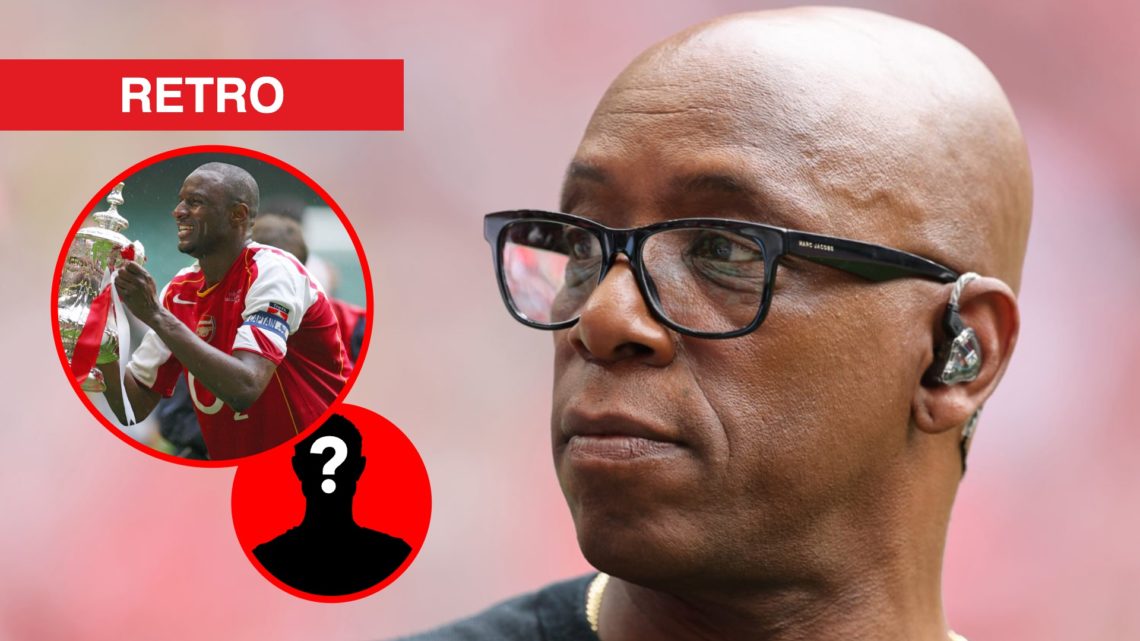 Ian Wright during the 2024 FA Community Shield match between Manchester United and Manchester City, inset, Patrick Vieira lifting the FA Cup after ...