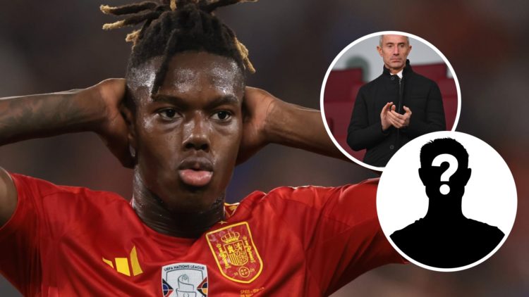 Nico Williams during the UEFA EURO 2024 match between Spain and Italy, inset, Arsenal sporting director Andrea Berta in the stand prior to the Prem...