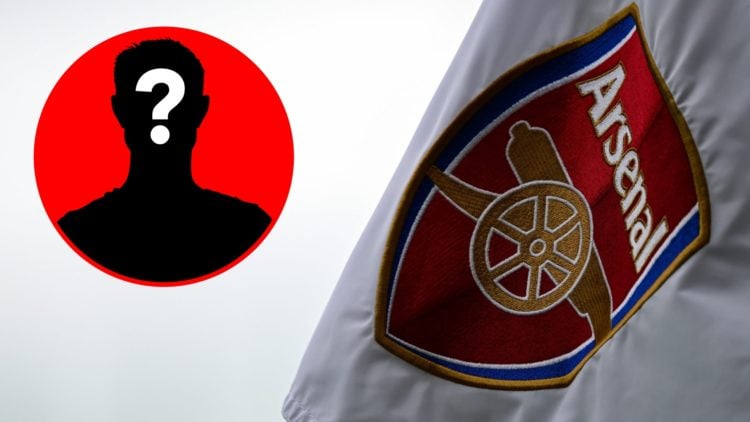 An image featuring an Arsenal badge on a corner flag next to a mystery player inset