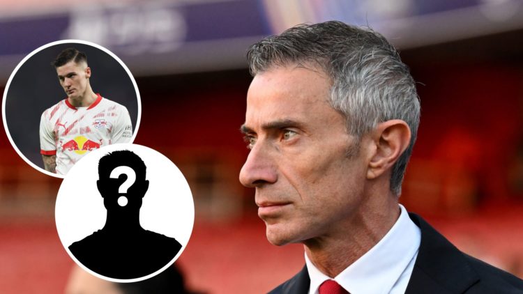 Image of Andrea Berta looking on before an Arsenal game with insets of Benjamin Sesko during an RB Leipzig game and a mystery player