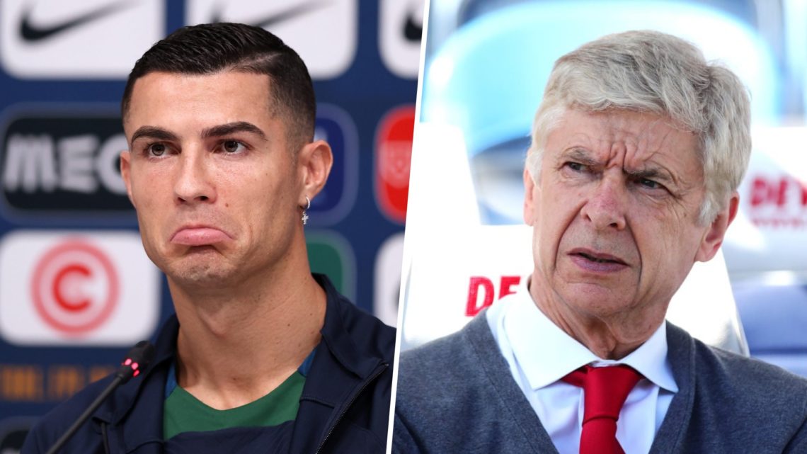 Split image of (L) Cristiano Ronaldo during a press conference and (R) Arsene Wenger looking on during an Arsenal game