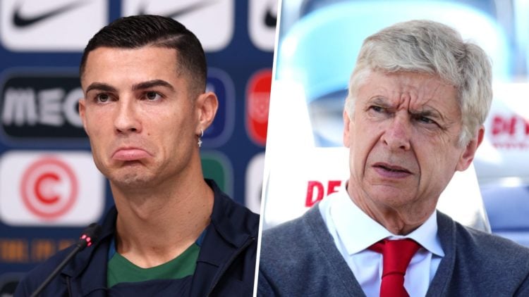 Split image of (L) Cristiano Ronaldo during a press conference and (R) Arsene Wenger looking on during an Arsenal game