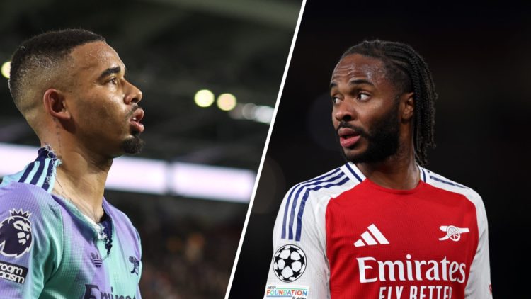 Split image of (L) Gabriel Jesus and (R) Raheem Sterling both looking on while playing for Arsenal