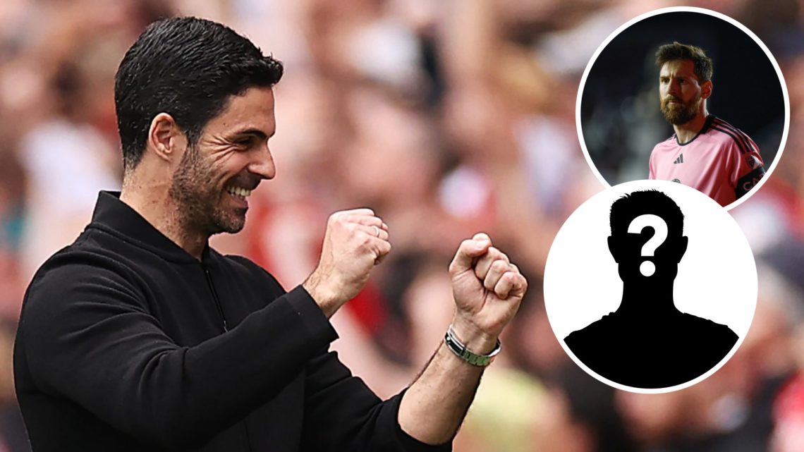Image of Arsenal manager Mikel Arteta celebrating a goal scored by his team with insets of Lionel Messi looking on during an Inter Miami game and a...