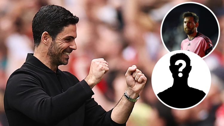 Image of Arsenal manager Mikel Arteta celebrating a goal scored by his team with insets of Lionel Messi looking on during an Inter Miami game and a...