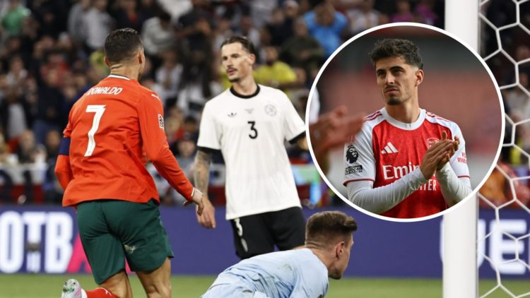 Cristiano Ronaldo of Portugal celebrates scoring in the UEFA Nations League semifinal match Germany v. Portugal, inset, Kai Havertz applauds after ...