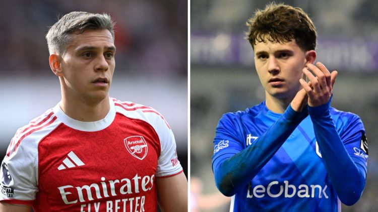 A split image featuring Arsenal forward Leandro Trossard looking on during a game alongside Genk's Konstantinos Karetsas