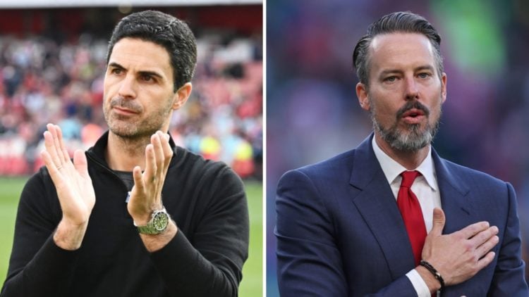 A split image with Arsenal manager Mikel Arteta applauding alongside the reaction of Arsenal owner Josh Kroenke