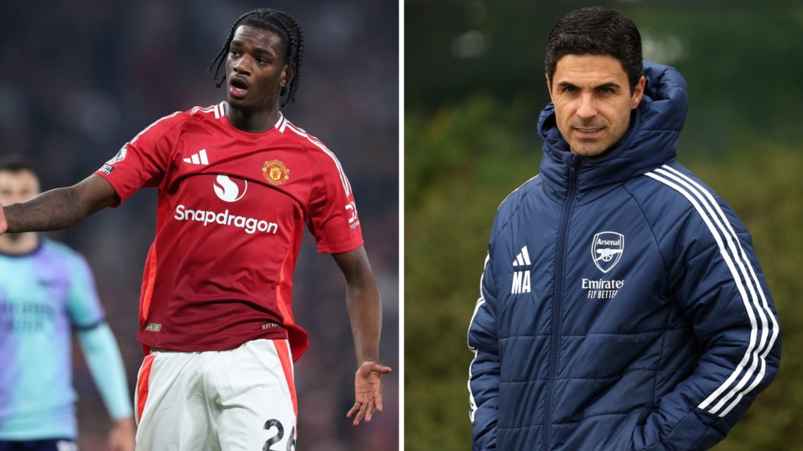 Ayden Heaven of Manchester United looks on during the Premier League match between Manchester United FC and Arsenal FC (R), Mikel Arteta, Manager o...