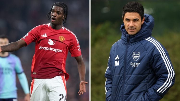 Ayden Heaven of Manchester United looks on during the Premier League match between Manchester United FC and Arsenal FC (R), Mikel Arteta, Manager o...