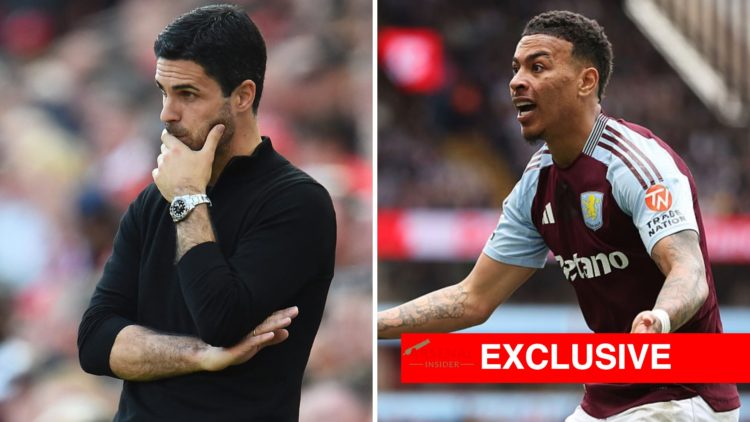 Mikel Arteta watches on during Liverpool v Arsenal at Anfield in the Premier League clash (L), Morgan Rogers of Aston Villa reacts during the Premi...
