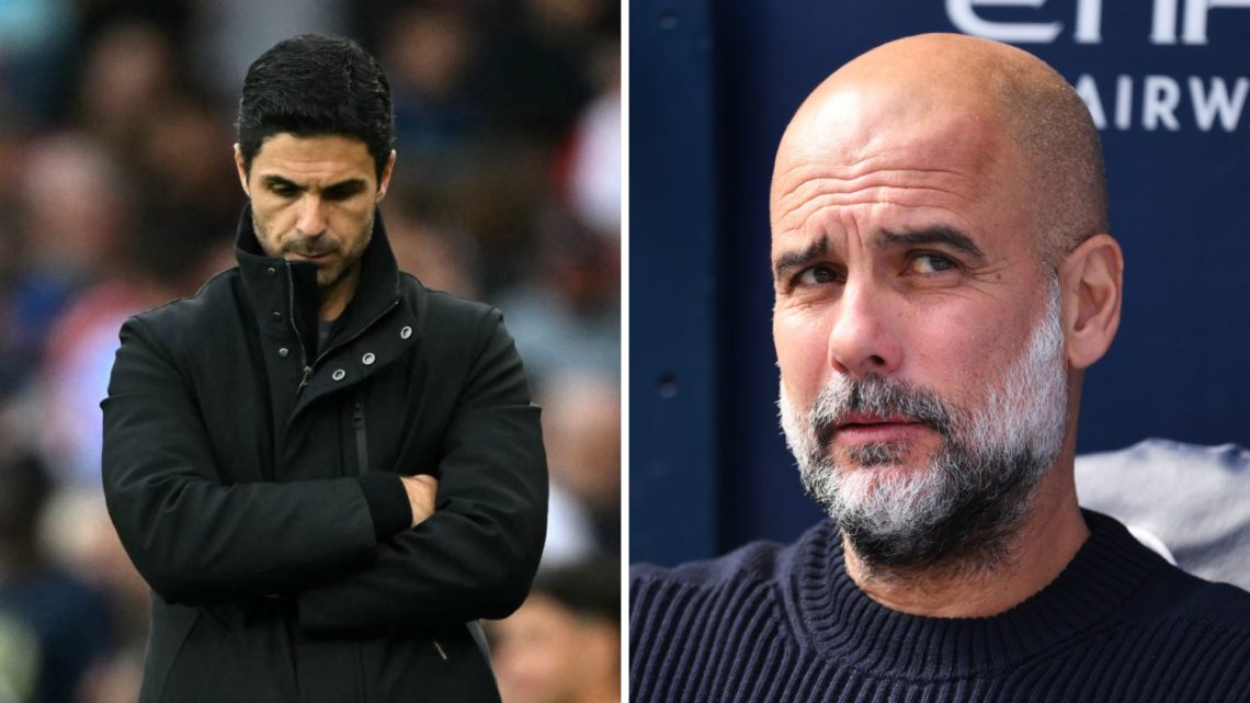 Split image of (L) Mikel Arteta looking dejected during an Arsenal game and (R) Pep Guardiola looking on before a Manchester City game